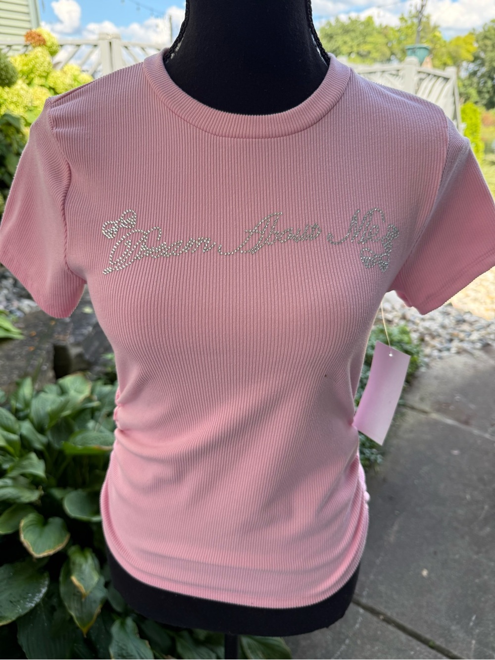 Pink Rhinestone Script Short Sleeve Top size M new with tag + get extra gift .